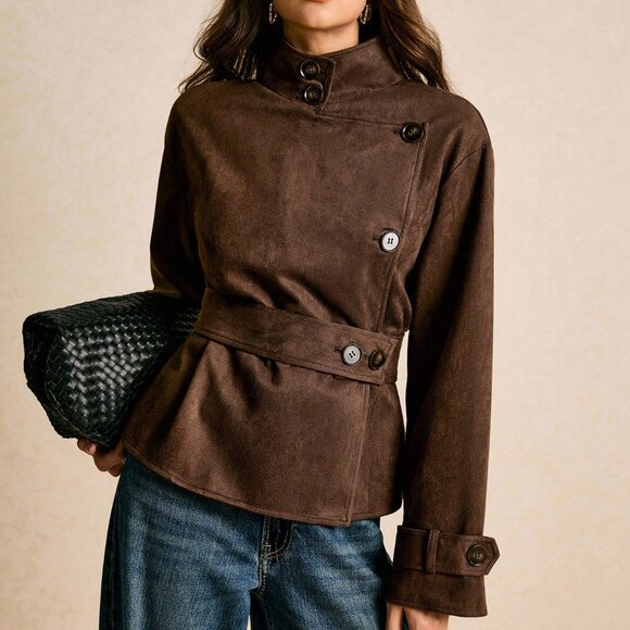 Brown Preppy Women Faux Suede Belted Short Trench Coat - Picture 4 of 8